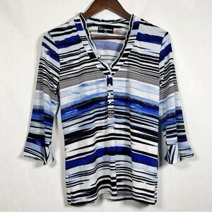 2 for$15 Karl Lagerfeld Half Button Down Black Blue Striped Blouse Size S